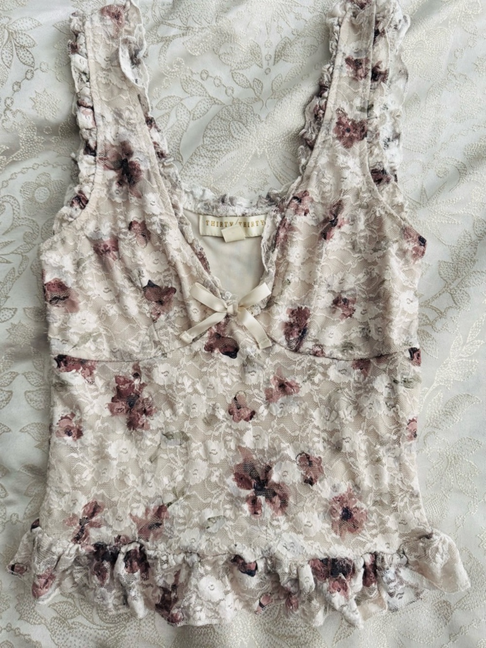 Cream Floral Lace Ruffled Tank Top